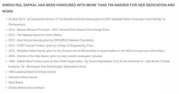 Sindhutai Sapkal All Awards List